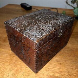 Antique Pyrography Carved Wooden Box